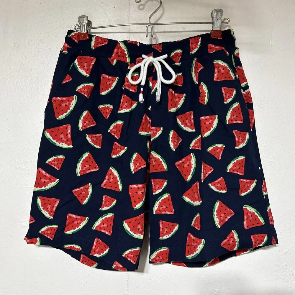 Jogal Watermelon Mens Shorts Sz Medium Navy Blue Red Drawstring Elastic Hawaiian